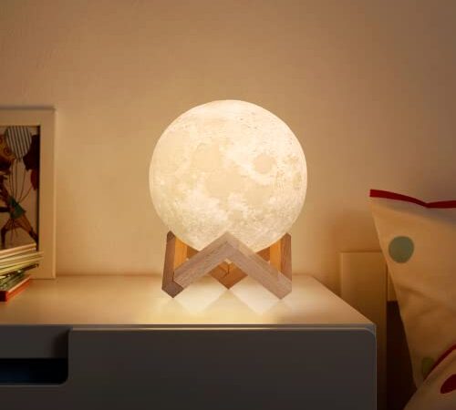 A.T.Lums LED Mond Lampe - 3D Dimmbar Mondlicht mit Holzständer, Touch & USB Wiederaufladbar Mondlampe Nachtlicht für Kinder, 3 Lichtfarben Moonlight Lamp als Dekor, Geschenk (15cm)