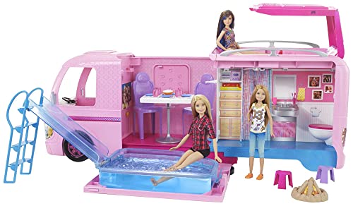 Barbie FBR34 - Super Abenteuer Camper, Puppen Camping Wohnwagen mit Zubehör, Mädchen Spielzeug ab 3 Jahren [Exklusiv bei Amazon]