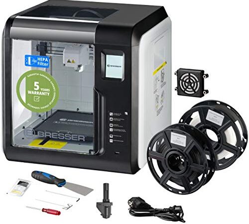 Bresser 3D Drucker mit WLAN und integrierter Kamera, inklusive EPA Filter für saubere Abluft, Spachtel, 2 Extruder-Düsen (1x Ersatz), 2 x PLA Filament (weiß, schwarz) zum sofortigen Start