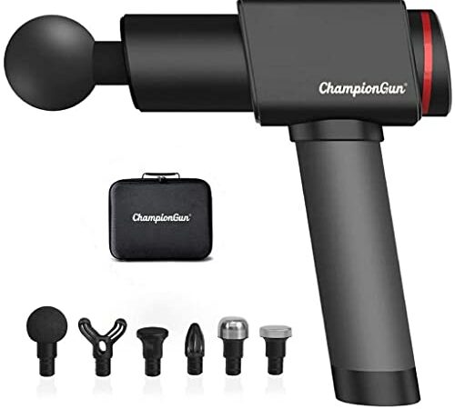 ChampionGun Massagepistole Massage Gun für Nacken Schulter Tiefen, Massagegerät mit 6 Massageköpfen, 6 Geschwindigkeiten, 2600mAh Akku, Ultra Leise Muskel Massage Gun, Aluminiumgehäuse, Schwarz