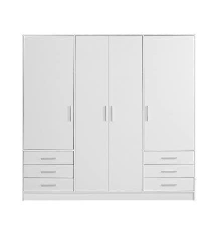 FORTE Jupiter Kleiderschrank 4-türig, 6 Schubladen, Holzwerkstoff, Weiß matt, 206.5 x 60 x 200 cm