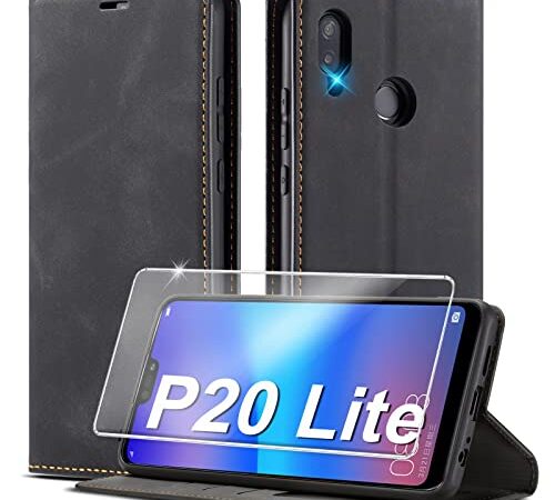 Handyhülle für Huawei P20 Lite Hülle Leder [Mit P20 Lite Panzerglas] für Huawei P20 Lite Hülle Klappbar Flip Stoßfeste Leder Wallet Silikon Klapphülle Case Cover Schutzhülle für Huawei P20 Lite Hülle