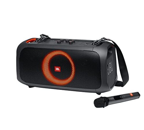 JBL PartyBox On-The-Go in Schwarz – Tragbarer Bluetooth Party-Lautsprecher mit Lichteffekten und kabellosem Mikrofon – Spritzwassergeschützt – Leistungsstarker Akku