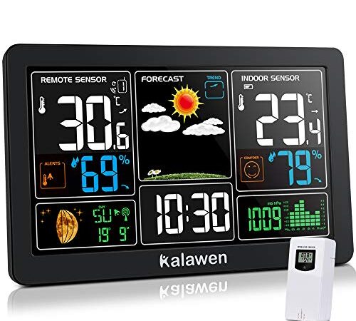 Kalawen Wetterstation mit Außensensor Innen und Außen 9-IN-1 Wireless Digital Wecker Barometer Weather Station Temperatur-Feuchtigkeits-Monitor Wettervorhersage für Zuhause Hausgarten Büro