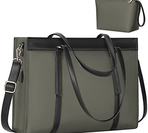 KTMOUW Shopper Damen Groß 15.6 Zoll Wasserdicht Handtasche Laptoptasche Business Schule Laptop Umhängetasche mit USB-Ladeanschluss Dunkelgrau