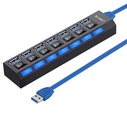 l'aise vie USB Hub 3.0, USB Adapter, USB Verteiler, USB 7-Port hub mehrfach verlängerung mit EIN/AUS-schaltern für Gaming PC, PS4/PS5, Laptop, USB Stick, XPS, Drucker, MacBook, Mobile HDD