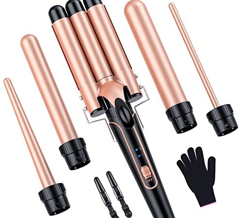 Lockenstab set 5 in 1 mit 3 Fässer - YICAIZI Welleneisen für große/mittlere oder kleine Locken Keramikbeschichtung Lockenstäbe Temperatureinstellung Schnelle Erwärmung, mit Handschuh und 2 Clips