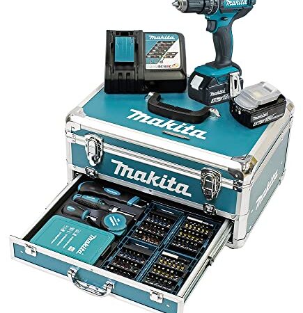 Makita DHP482RFX9 Akku-Schlagbohrschrauber 18V / 3,0 Ah, 2 Akkus + Ladegerät im Alukoffer + 96-tlg. Zubehör-Set