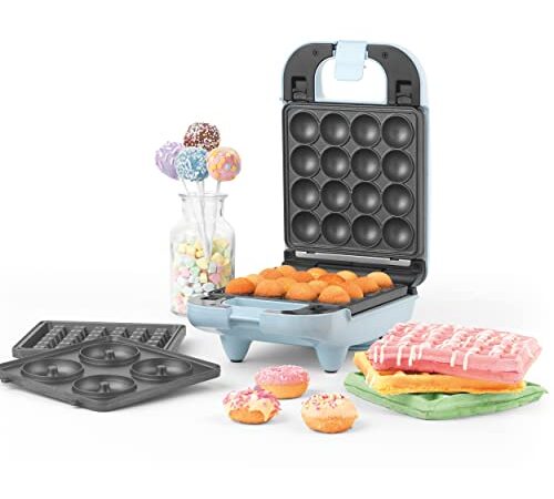 Petra PT4943BLNVDEEU7 kompakter Multifunktionsgerät 3 in 1 Mini Treat Maker, Donuts, Cake Pops & Waffeln, Party Gebäckmaschine, leicht zu reinigende herausnehmbare Antihaftplatten, 650W, pastellblau