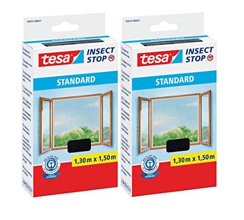 tesa Insect Stop STANDARD Fliegengitter für Fenster - Insektenschutz zuschneidbar - Mückenschutz ohne Bohren - Fliegen Netz anthrazit (1,3m:1,5m (2er Pack), Anthrazit (Durchsichtig))