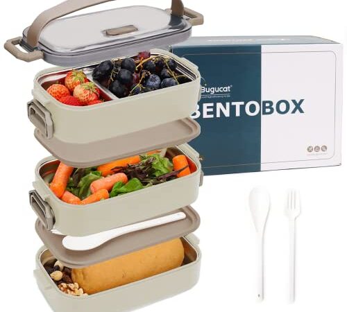 Bugucat Lunchbox Edelstahl 1700ML,Bento Box Brotdose Auslaufsicher Luftdichte Brotzeitbox mit Fächern und Besteckset,Frühstücksbox Jausenbox für Unterwegs,Brotbüchse Vesperdose für Erwachsene Beige