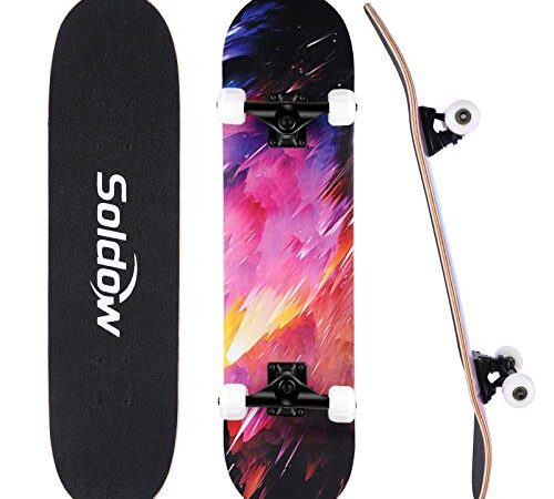 Soldow Skateboard Erwachsene 31x8 Zoll für Anfänger, 7-lagigem Kanadischem Ahornholz Cruiser Skateboard Komplett für Kinder Jugendliche, Kosmische Nebel Double Kick Deck Concave Skateboard