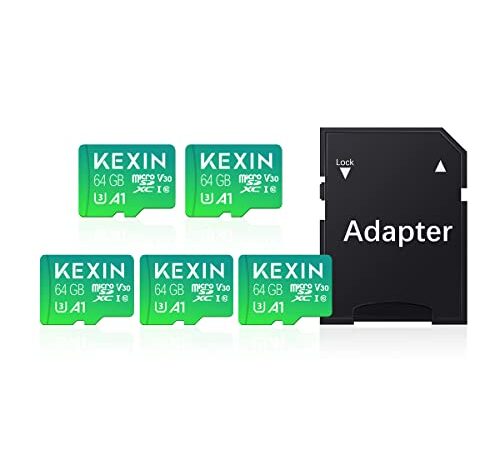 KEXIN Micro SD Karte 64GB 5er Pack Speicherkarte Micro SD mit SD Adapter, Bis zu 90 MB/s Lesegeschwindigkeit, UHS-I, U3, A1, V10, C10, microSDXC Memory Card TF Karte 64 GB 5 Stück